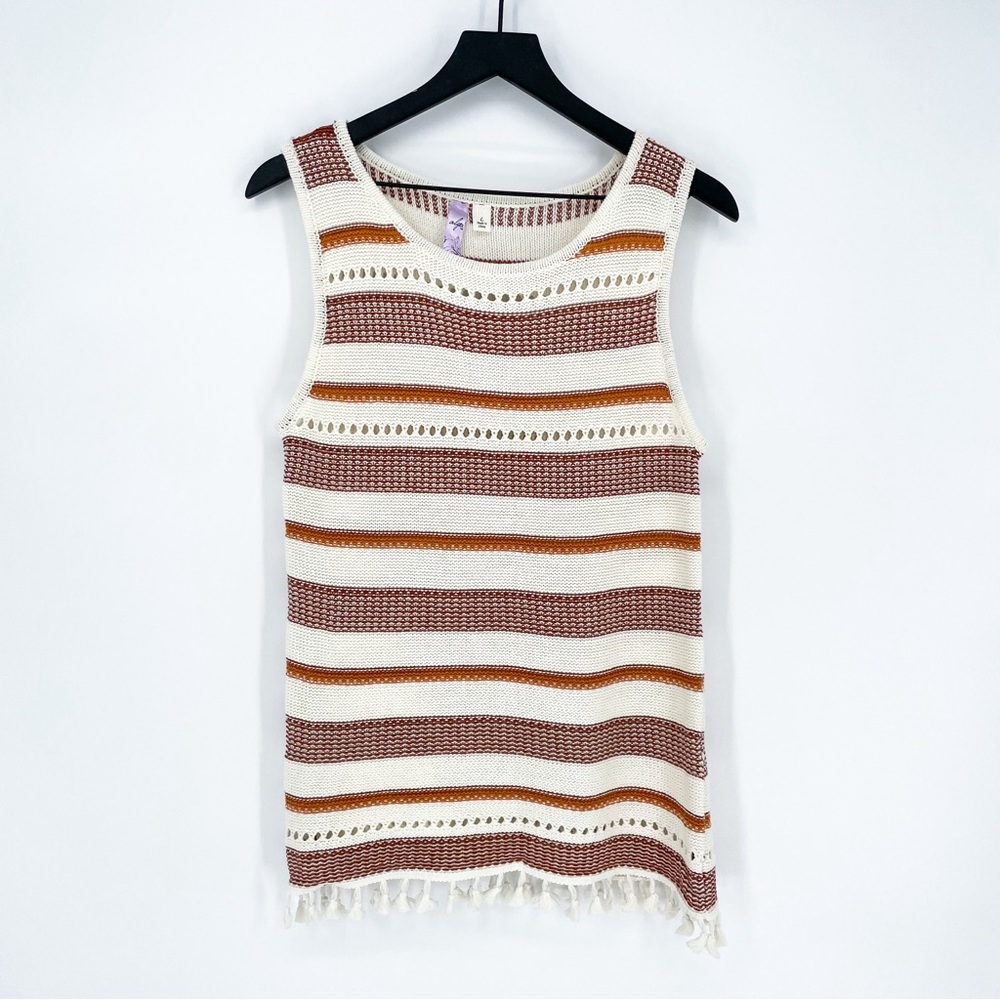 Alya Boho Stripe Knit Tunic Tank with Tassels White Orange Large